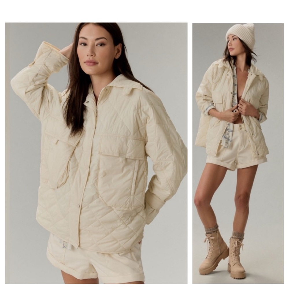 NEW Anthropologie Lightweight Quilted Shacket Puffer Jacket Sweater Cream XS S M